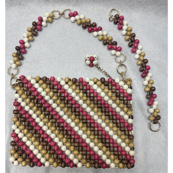 Purse Brown Pink Wooden Beads 1960’s Marcus Brothers Of Miami Made In Japan 9x6 - Picture 1 of 3